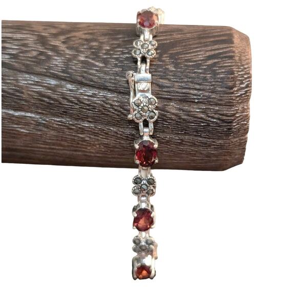 Vintage 925 Sterling Silver Garnet Marcasite Tennis Bracelet - Picture 1 of 4